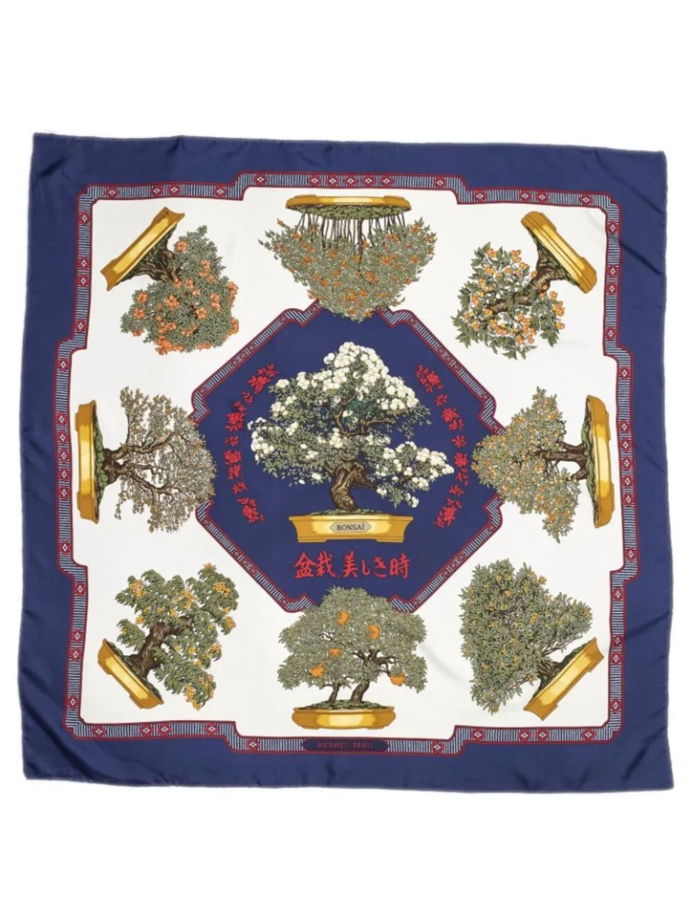 Hermes Scarf Navy Ivory Green Silk